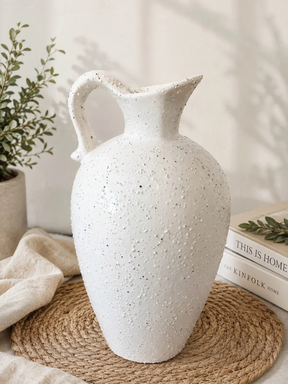 White Textured Ceramic Jug Vase Organic Modern Decor